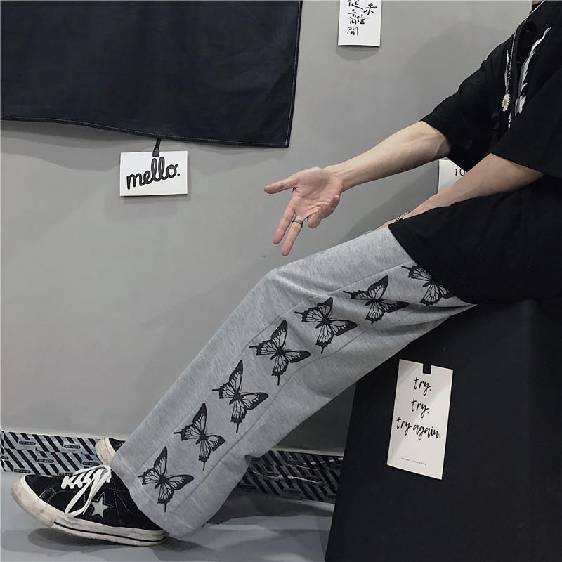 Retro Genjuku style butterfly print loose casual pants look slim straight leg wide leg pants for women