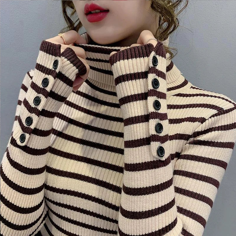 Women Striped Sweater Autumn Winter New Korean Fashion Slim Pullover Basic Top Soft Knit Sweaters Long Sleeve Button