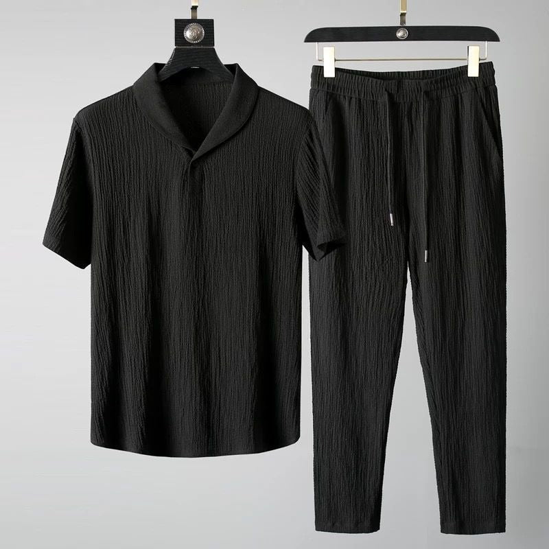 Pleated casual sports suit for men, light and breathable, fashionable lapel short-sleeved trousers, two-piece suit