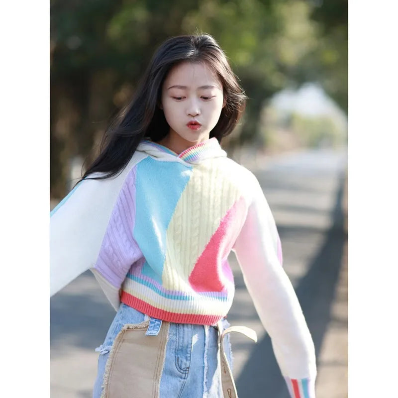 Rainbow Striped Hooded Sweater Pullover Women Stylish Streetwear Fashion Chic Crop Tops  Autumn Winter Long Sleeve Knitwear