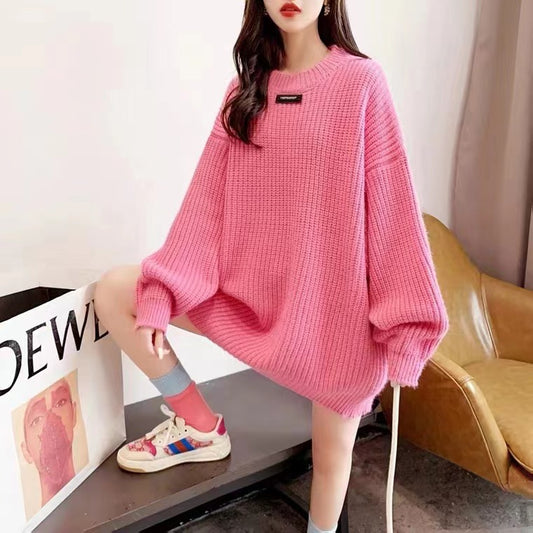 Retro thick sweater for women in autumn and winter, loose and lazy style, pullover knitted sweater top