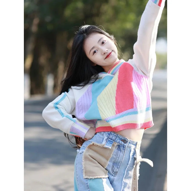 Rainbow Striped Hooded Sweater Pullover Women Stylish Streetwear Fashion Chic Crop Tops  Autumn Winter Long Sleeve Knitwear