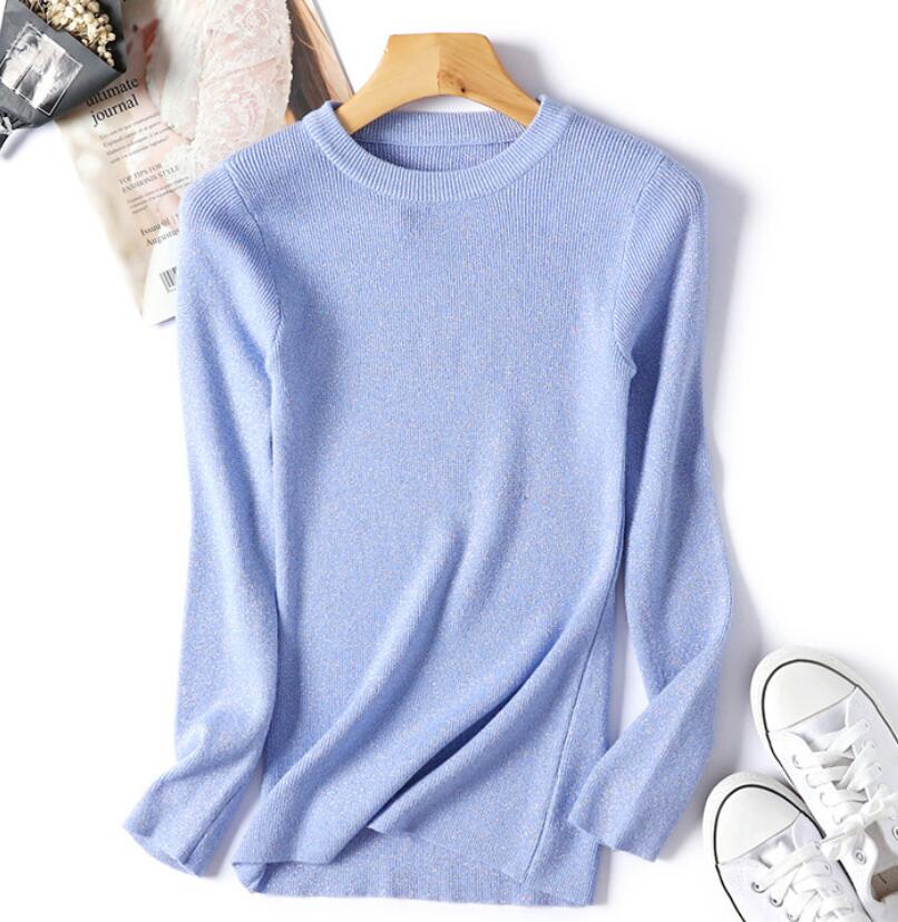 Shiny Lurex Autumn Winter Sweater Women Long Sleeve Pullover  Knit Tops