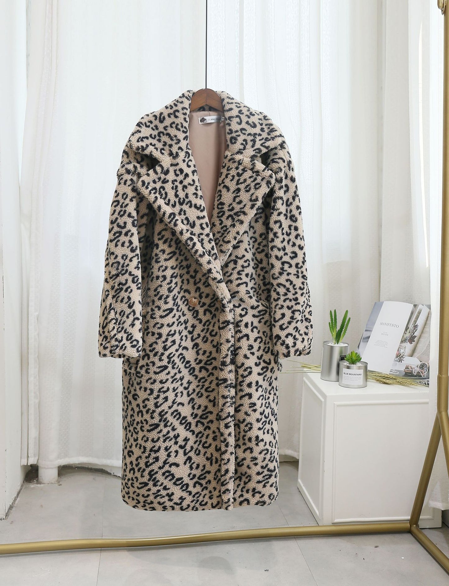 Winter Leopard Print Lapel Collar Long Fleece Jacket Women Oversized Pink Faux Fur Coat Thick Warm Teddy Jacket