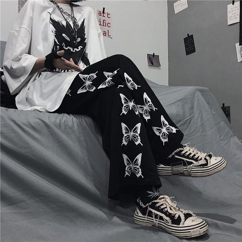 Retro Genjuku style butterfly print loose casual pants look slim straight leg wide leg pants for women