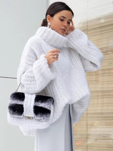 Women Turtleneck Knitted Pullover Sweater Fashion Solid Oversized Thicken Jumper  Autumn Winter Warm Female Elegant Sweaters