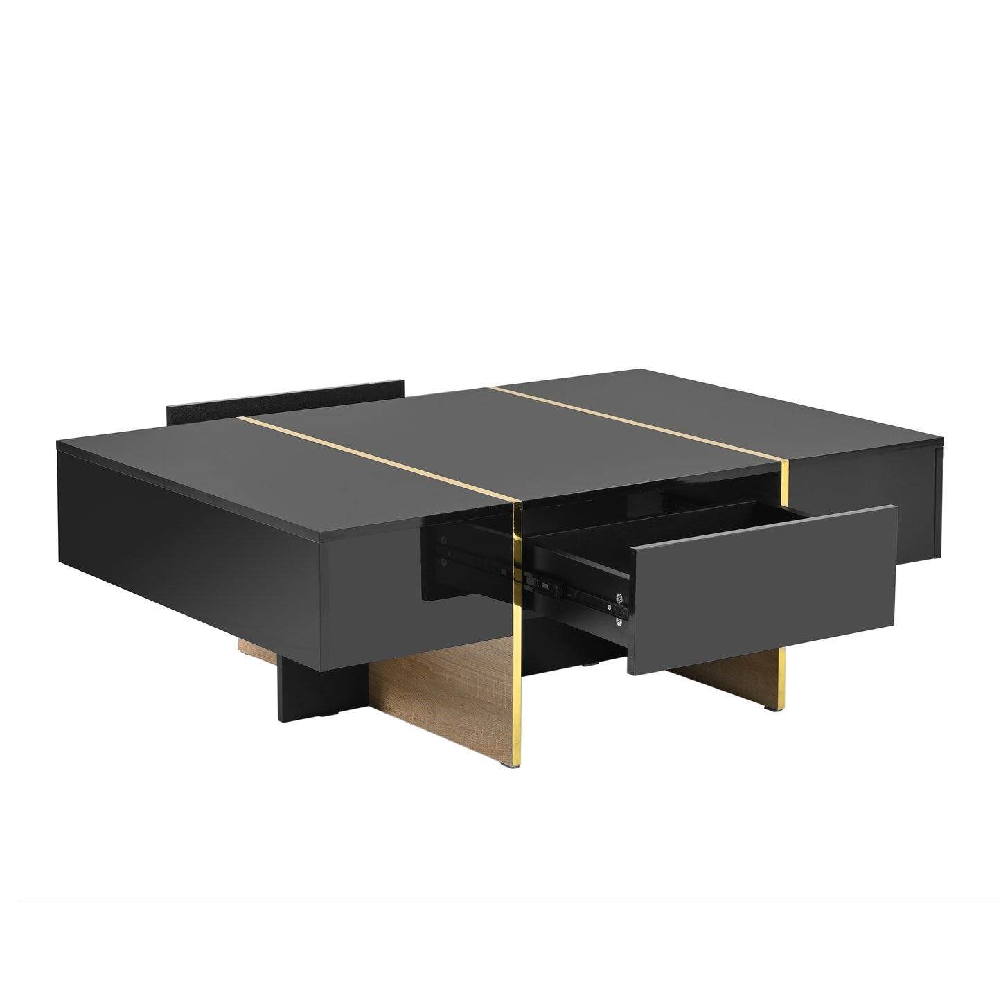 ON-TRANS 47.2 inch x 31.4 inch multifunctional rectangular sofa table with 2 drawers and gold wood grain leg center table, black