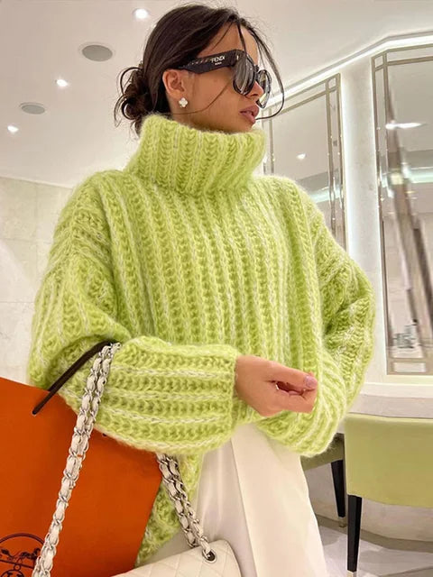 Women Turtleneck Knitted Pullover Sweater Fashion Solid Oversized Thicken Jumper  Autumn Winter Warm Female Elegant Sweaters