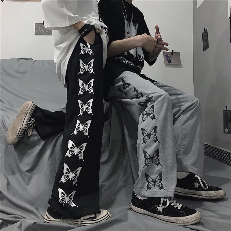 Retro Genjuku style butterfly print loose casual pants look slim straight leg wide leg pants for women