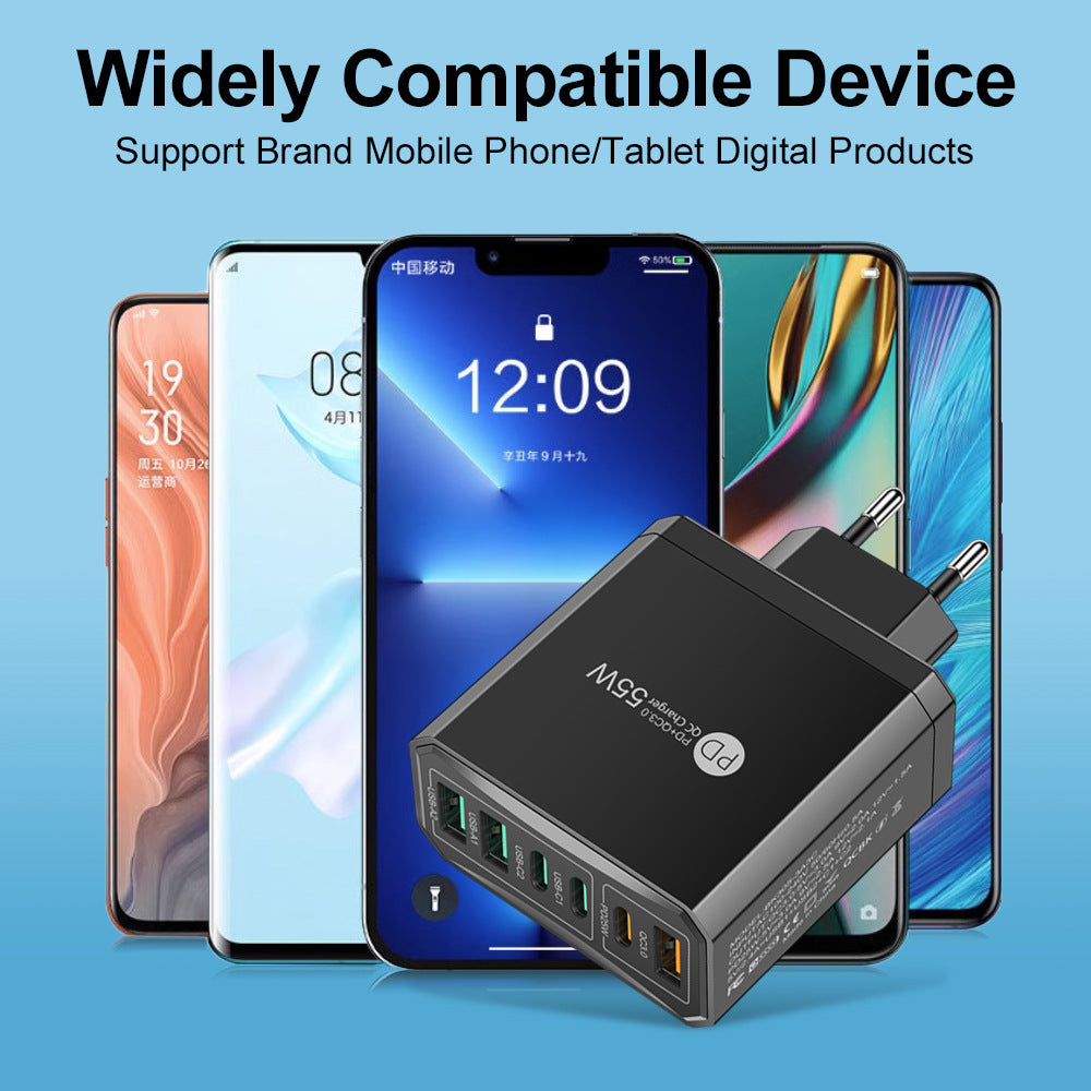 Fast charging mobile phone charger standard PD55W QC3.0+PD25W 3PD+3USB travel charging head