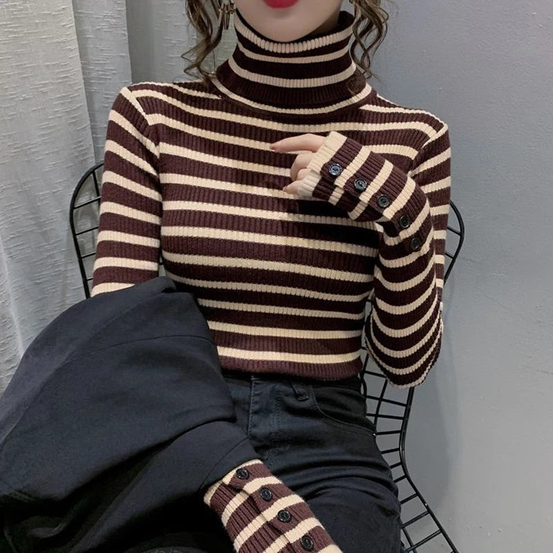 Women Striped Sweater Autumn Winter New Korean Fashion Slim Pullover Basic Top Soft Knit Sweaters Long Sleeve Button