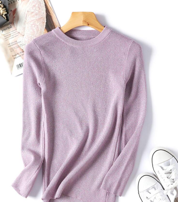 Shiny Lurex Autumn Winter Sweater Women Long Sleeve Pullover  Knit Tops