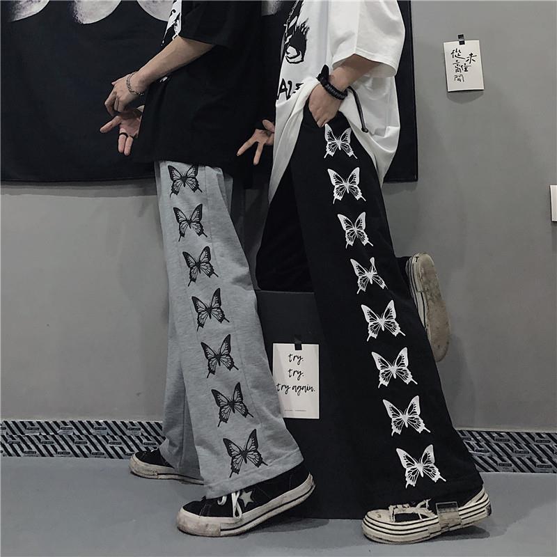 Retro Genjuku style butterfly print loose casual pants look slim straight leg wide leg pants for women