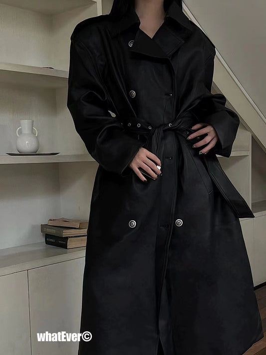 INSS Studio2023 Fall and Winter New Arrival Fancy Heavy Industry PU Leather Loose Tied Stylish Long Trench Coat