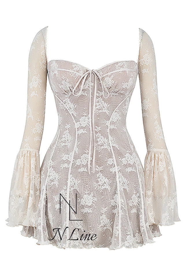 Fashion Direct Mining House of CB Early Spring Style Gorgeous Retro Cream Color Ruched Lace Waist Girdle Dress