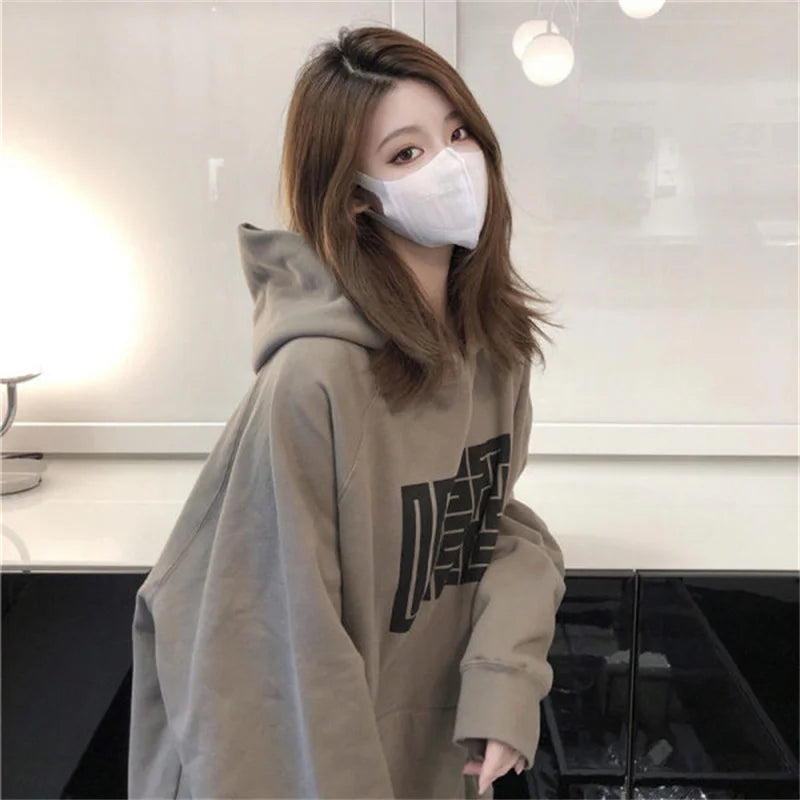 Letter Print Hoodies Women Vintage Winter Autumn Loose Hooded Shirt Grunge Street Sweatshirt Y2k Clothes Warm Oversize Pullovers