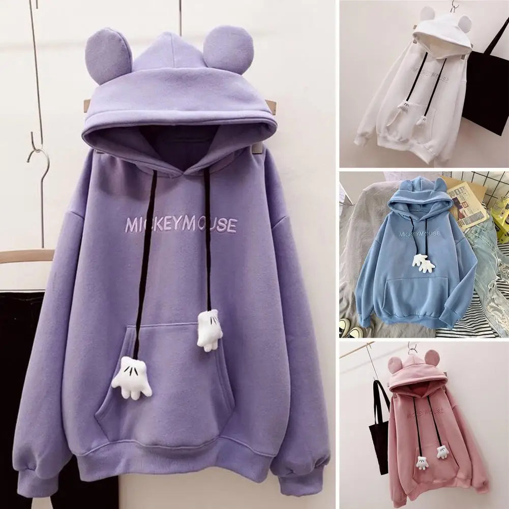 Mouse Ears Women's Thickening Hoodies Cute Anime Girls Winter Warm Hoodie Sweater Loose Casual Pullover Sweatshirt Harajuku