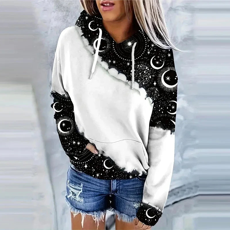 Moon Print Drawstring Hoodie Casual Long Sleeve Hooded Sweatshirt Women's Clothing