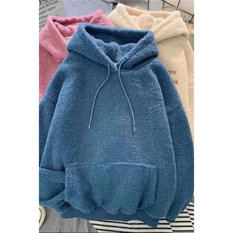 Autumn/Winter Lamb Wool Fleece-Lined Thickened Sweatshirt Women's Loose-Fit Hooded Jacket 2024 New Style Korean Dongdaemun