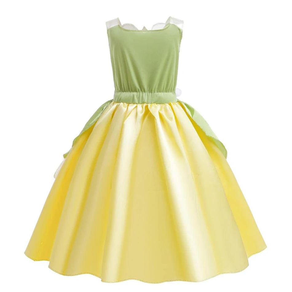 Classic Girls Fairy Tale Tiana Cosplay Costume Elegant Princess Green Party Dress Christmas Summer Sleeveless Princess and Frog