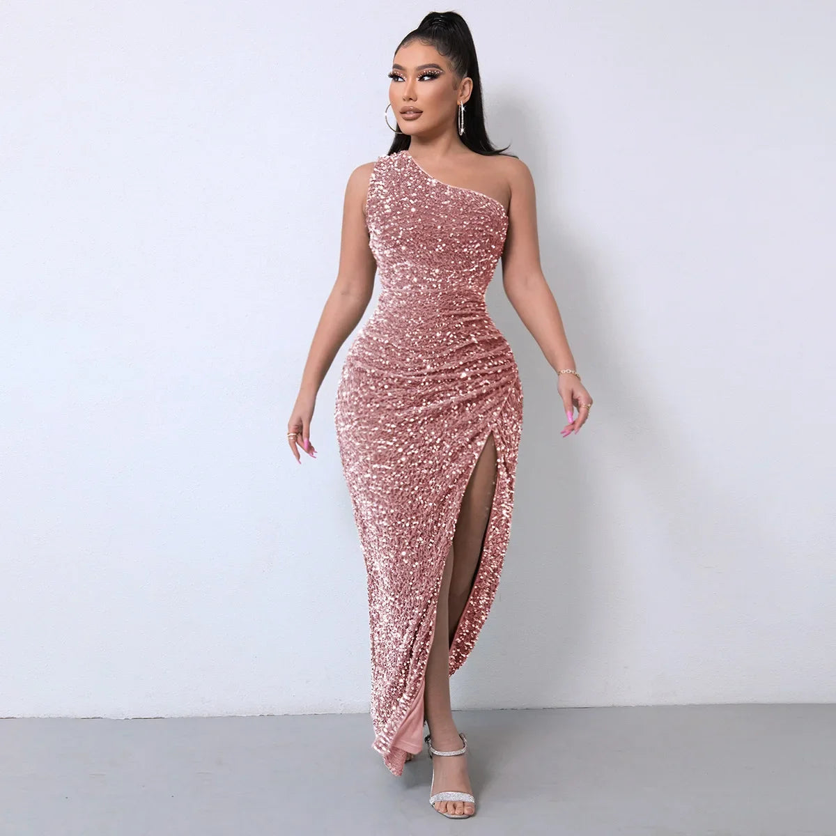 Borderless Amazon 2024 Summer New Glitter Side Slit Tightening Beads Dress Sleeveless 5 Colors Fashionable Other Style