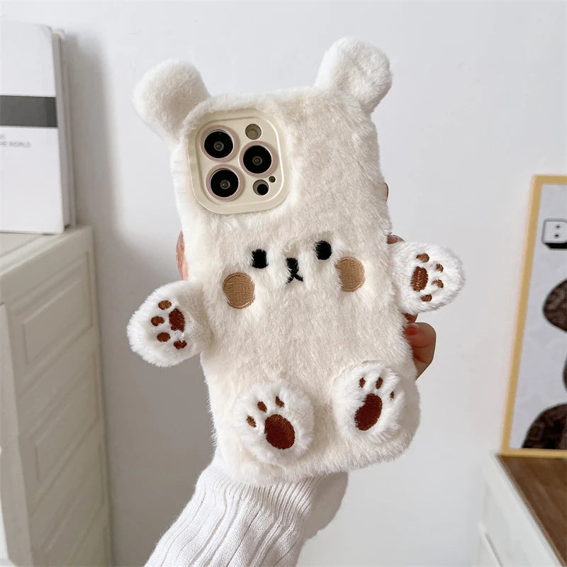 3D Cute Cartoon Bear Funny Fur Fluffy Soft Case for IPhone 11 12 13 14 15 Pro Max Plus 15Pro 14Pro Winter Plush Shockproof Cover