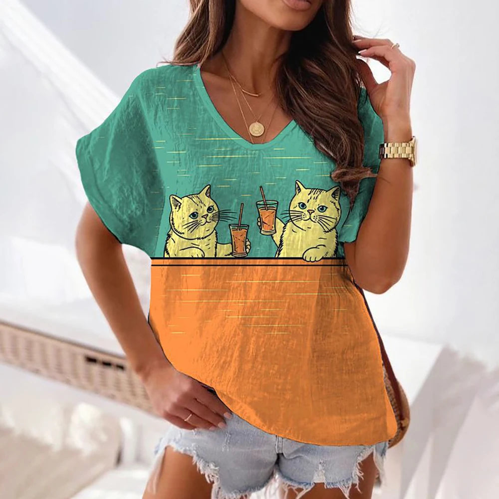 Cartoon Cat Print Cute Animal Pattern Fashion V-neck Short Sleeves T shirt Summer Loose Women's T-shirts Y2K Clothing Tops