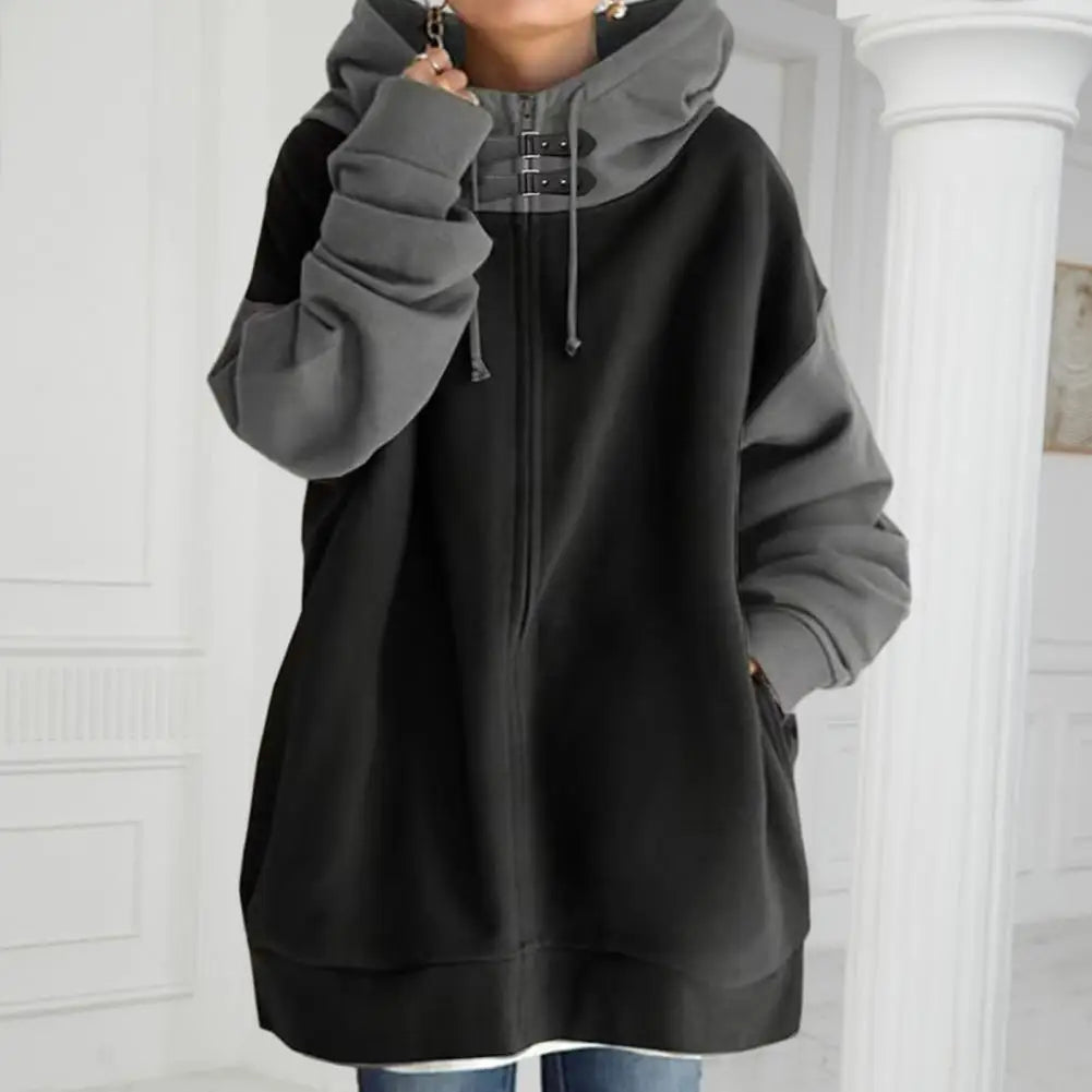 Women Hoodie Hidden Zip Women's Hoodie Trendy Patchwork Design Cozy Mid-length Pullover Winter/Autumn