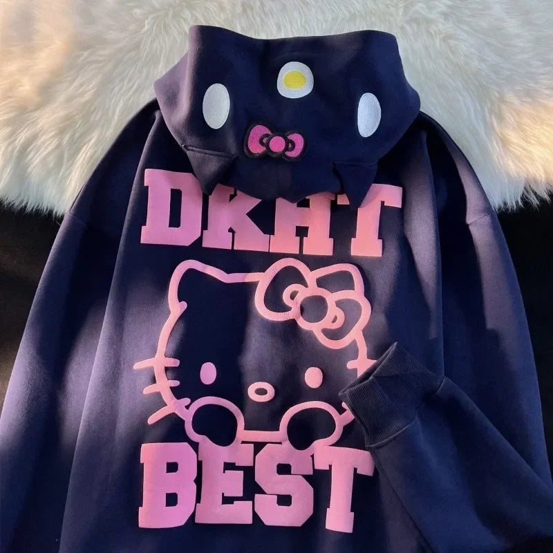 American Vintage Cute Hello Kitty Embroidered Zip Hoodie College Style Couple Coats Streetwear Women Loose Lazy Casual Y2k Tops