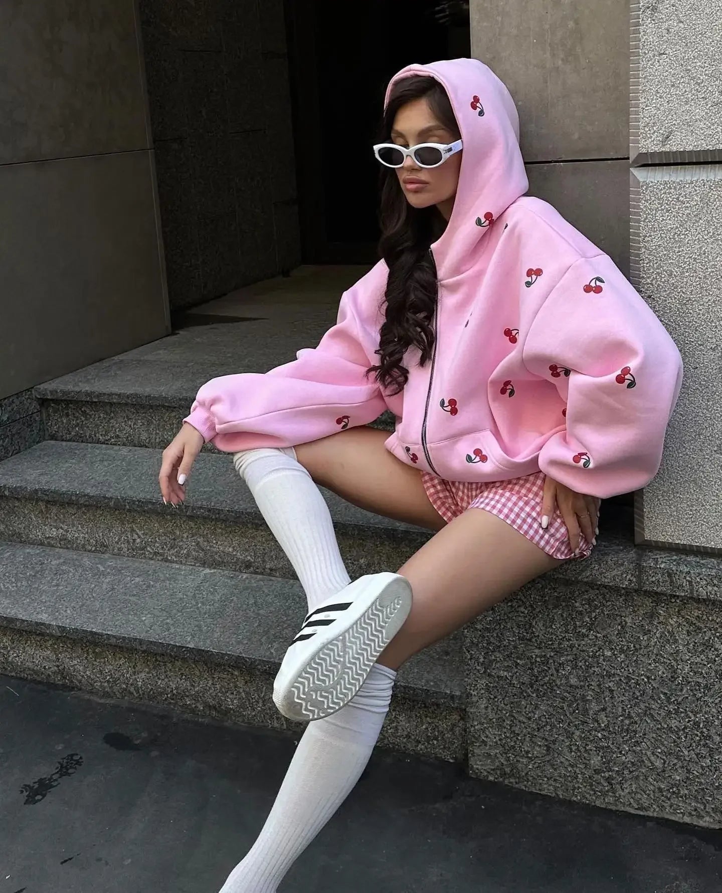 Harajuku fresh style fashionable cherry pattern white zipper hoodie Y2k Harajuku versatile women's autumn new sweatshirt