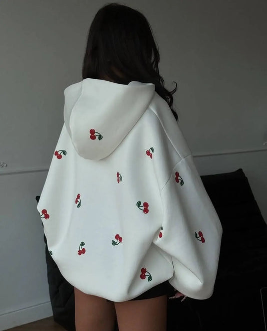 Harajuku fresh style fashionable cherry pattern white zipper hoodie Y2k Harajuku versatile women's autumn new sweatshirt