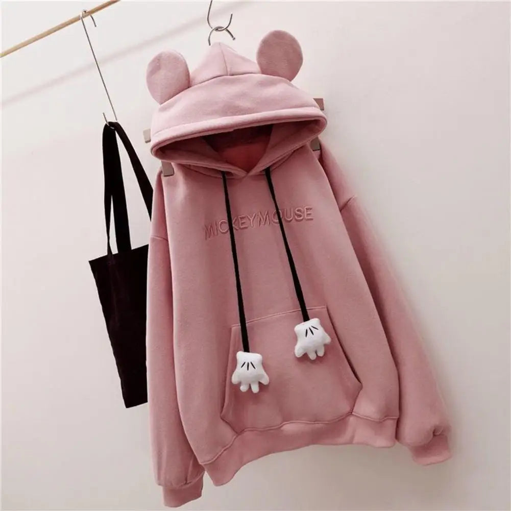 Mouse Ears Women's Thickening Hoodies Cute Anime Girls Winter Warm Hoodie Sweater Loose Casual Pullover Sweatshirt Harajuku