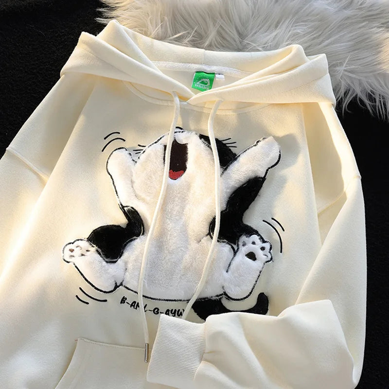 Japanese Kawaii Flock Embroidery Cartoon Cat Patchwork Hoodies Thicken Kangaroo Pocket Baggy Street Sweatshirt All-Matching Top