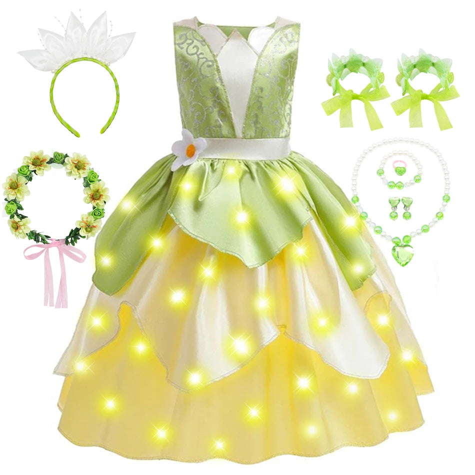 Classic Girls Fairy Tale Tiana Cosplay Costume Elegant Princess Green Party Dress Christmas Summer Sleeveless Princess and Frog