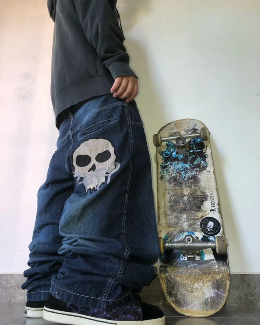 Retro Y2k Pants Hip Hop Goth Oversized Skull Pattern Baggy Jeans Wide Legs Low Waist Sports Skateboard Denim Trousers Streetwear