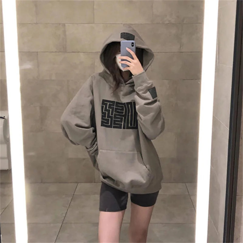 Letter Print Hoodies Women Vintage Winter Autumn Loose Hooded Shirt Grunge Street Sweatshirt Y2k Clothes Warm Oversize Pullovers