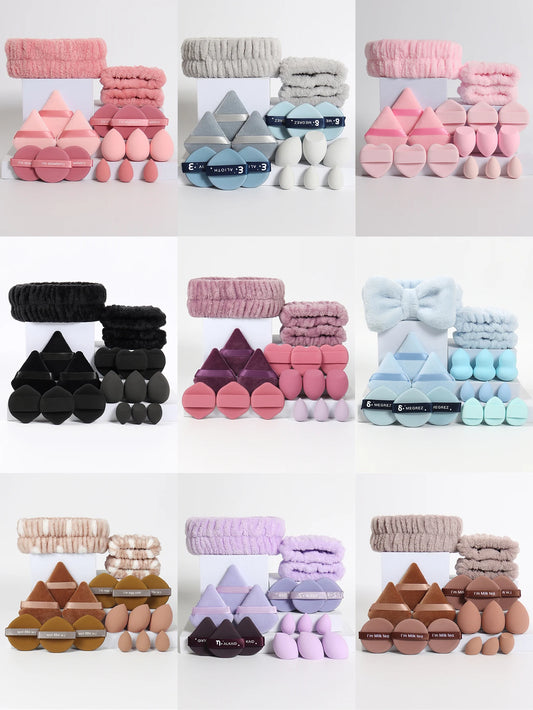 18 piece headband set. 1 hair band & 2 wrist bands & 3 make-up Sponges & 3 Mini Square Air Cushions & 3 triangular powder puff &