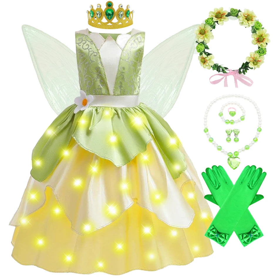 Classic Girls Fairy Tale Tiana Cosplay Costume Elegant Princess Green Party Dress Christmas Summer Sleeveless Princess and Frog