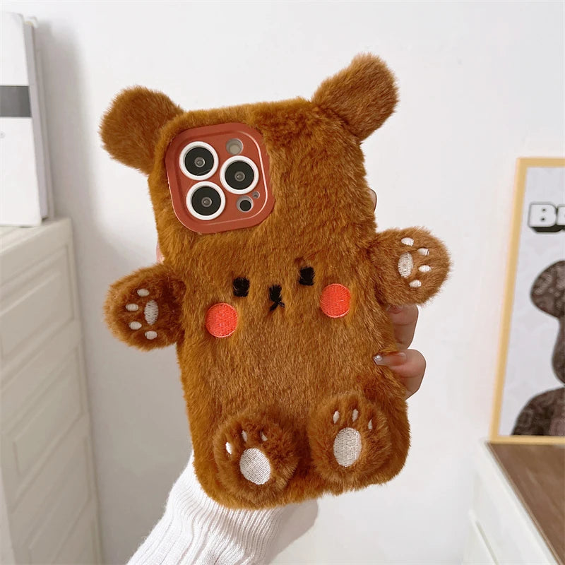 3D Cute Cartoon Bear Funny Fur Fluffy Soft Case for IPhone 11 12 13 14 15 Pro Max Plus 15Pro 14Pro Winter Plush Shockproof Cover