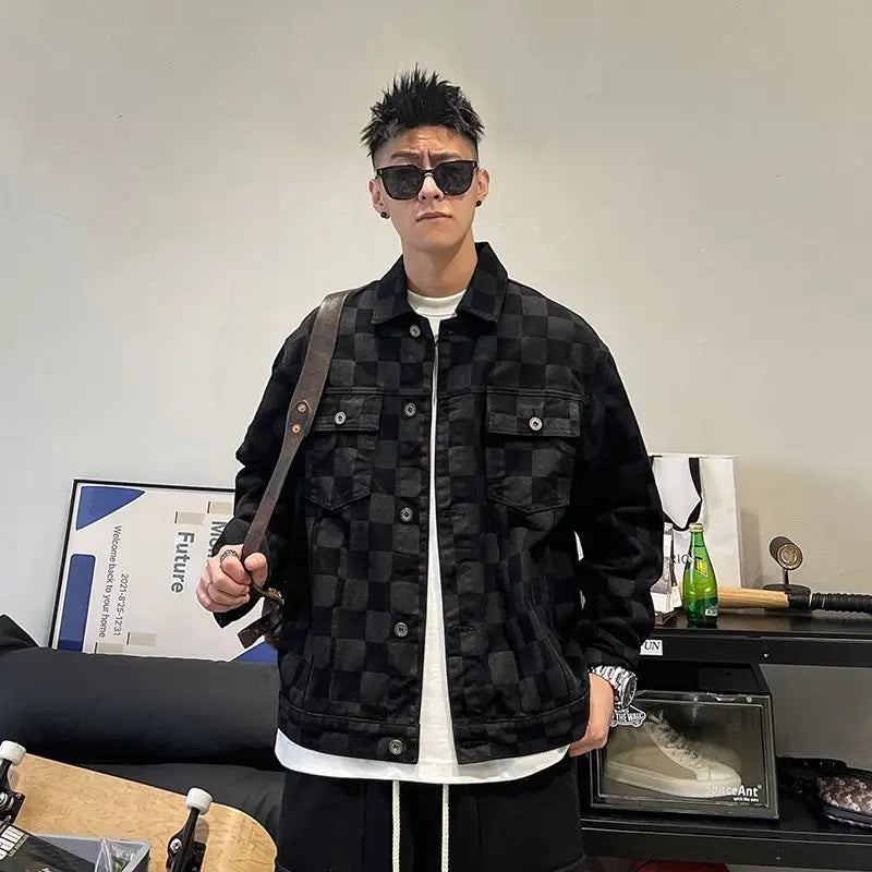 Male Jean Coats Outwear Black Wide Shoulders Men's Denim Jacket Plaid Overcoat Vintage Worn Casual Winter Outerwear High Quality