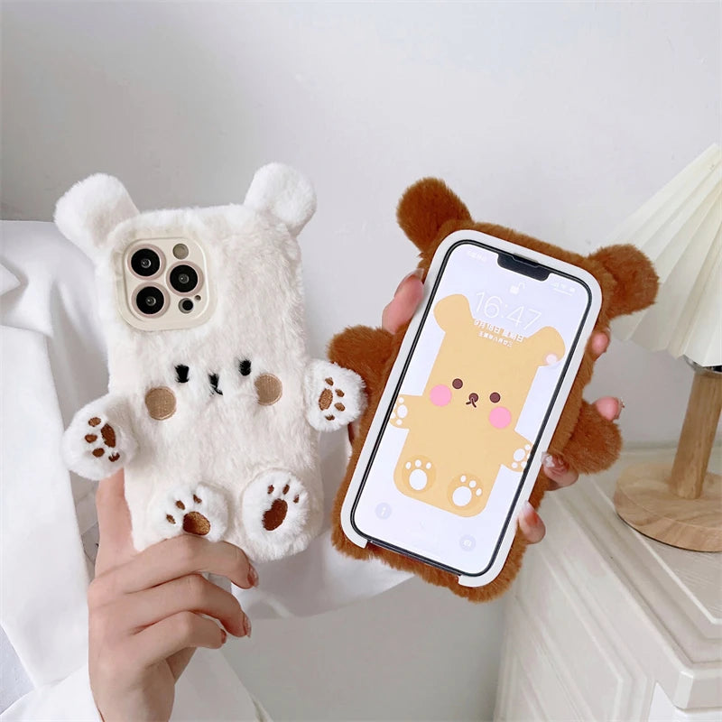 3D Cute Cartoon Bear Funny Fur Fluffy Soft Case for IPhone 11 12 13 14 15 Pro Max Plus 15Pro 14Pro Winter Plush Shockproof Cover