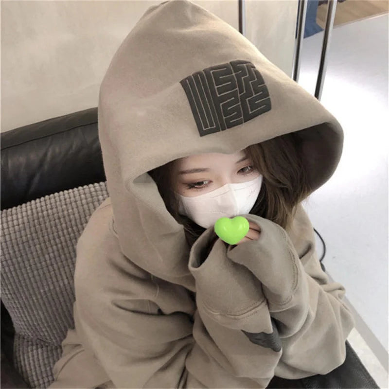 Letter Print Hoodies Women Vintage Winter Autumn Loose Hooded Shirt Grunge Street Sweatshirt Y2k Clothes Warm Oversize Pullovers