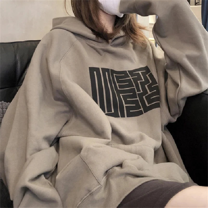 Letter Print Hoodies Women Vintage Winter Autumn Loose Hooded Shirt Grunge Street Sweatshirt Y2k Clothes Warm Oversize Pullovers