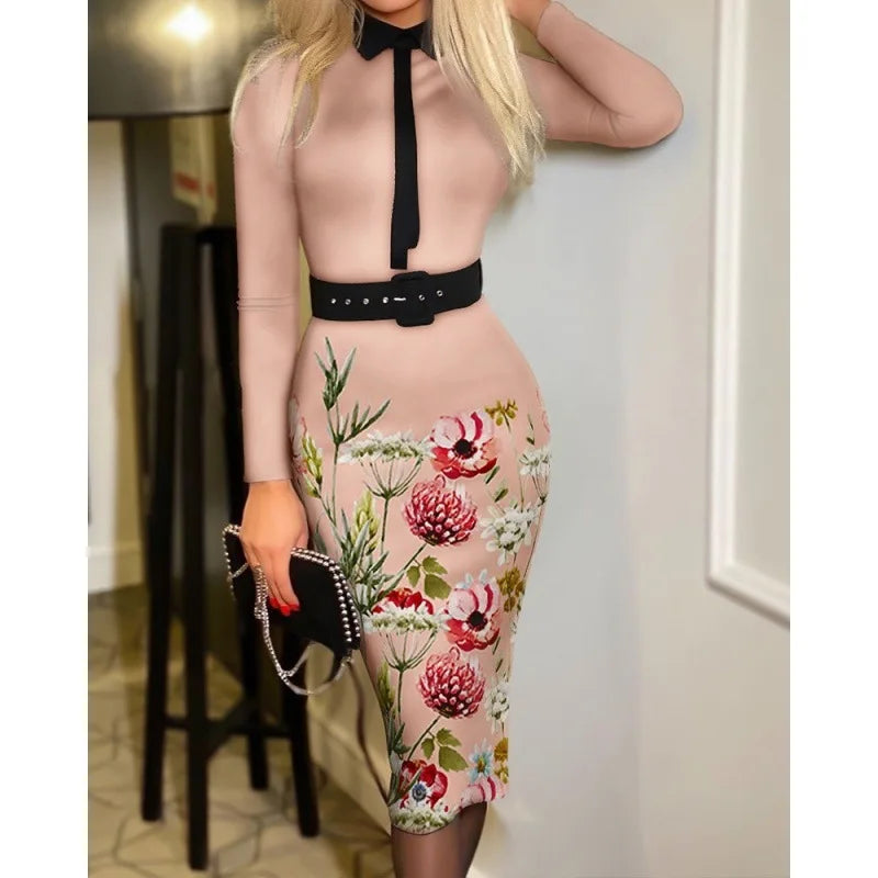 Fashionable Women's Printed Tight A-line Skirt Sexy Suit Collar Dress Wrapped Buttocks For Women With Belt