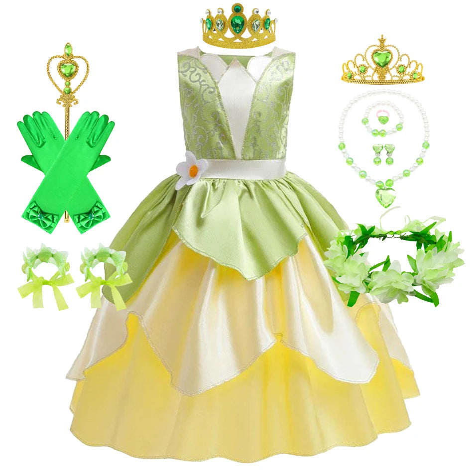 Classic Girls Fairy Tale Tiana Cosplay Costume Elegant Princess Green Party Dress Christmas Summer Sleeveless Princess and Frog