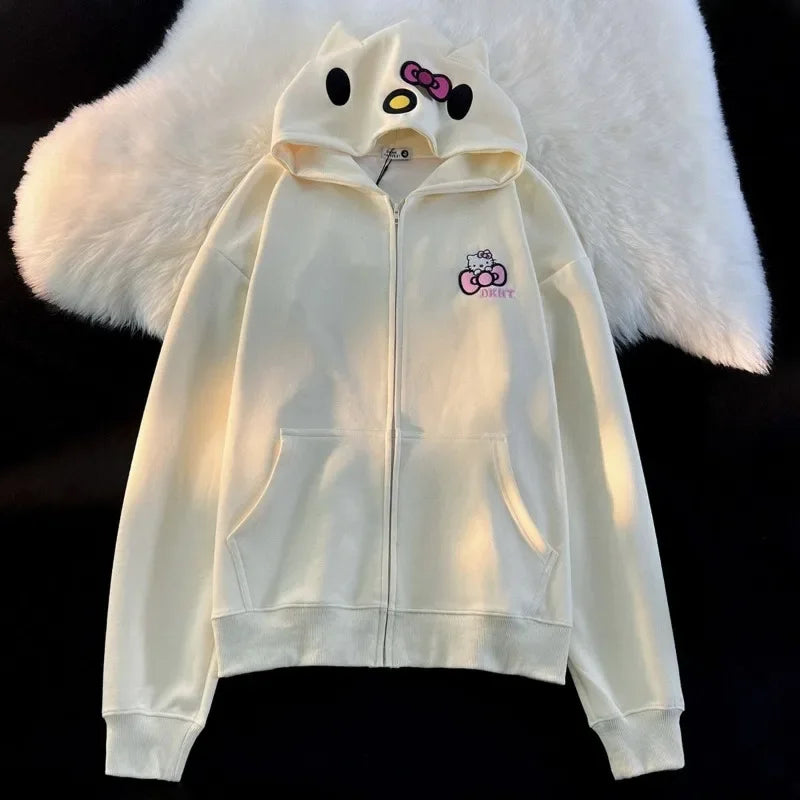 American Vintage Cute Hello Kitty Embroidered Zip Hoodie College Style Couple Coats Streetwear Women Loose Lazy Casual Y2k Tops