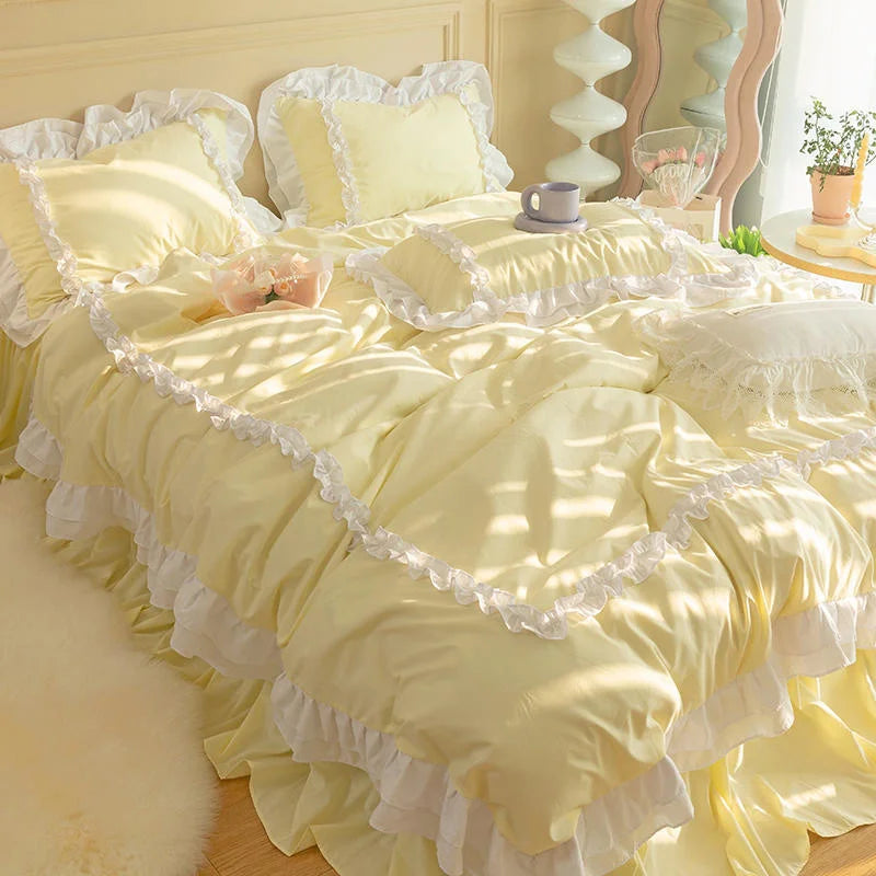 Korean Ins Bedding Set, Luxury Quilt Cover, Pillowcase Flat Bed Sheets, Simple Girl Princess Ruffle Home Textiles