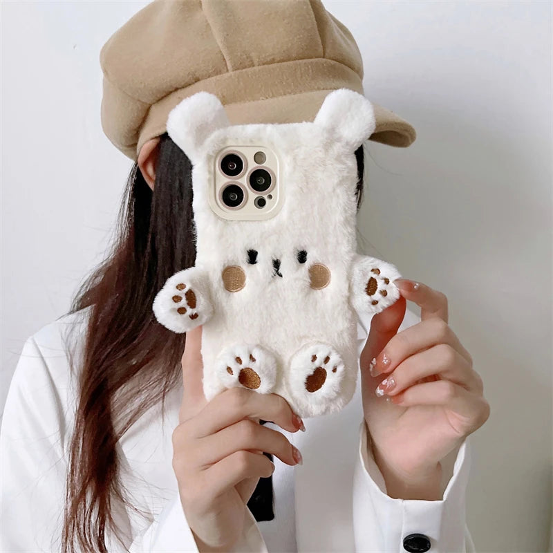 3D Cute Cartoon Bear Funny Fur Fluffy Soft Case for IPhone 11 12 13 14 15 Pro Max Plus 15Pro 14Pro Winter Plush Shockproof Cover