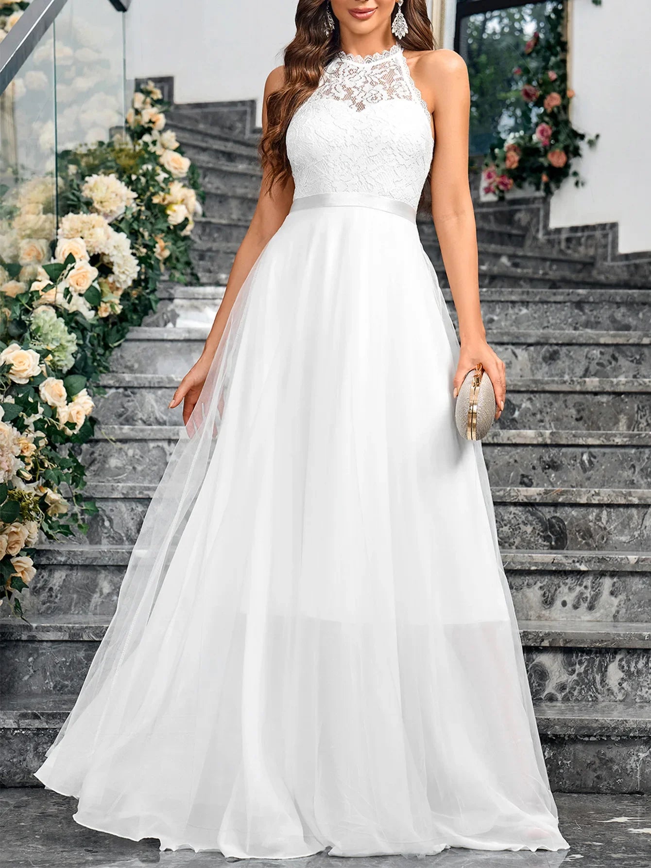 Elegant Chiffon Wedding Dresses Beach Applique Lace Bride Gown Halter Neck Boho Princess Party Gowns Lace-up Plus Size Customize