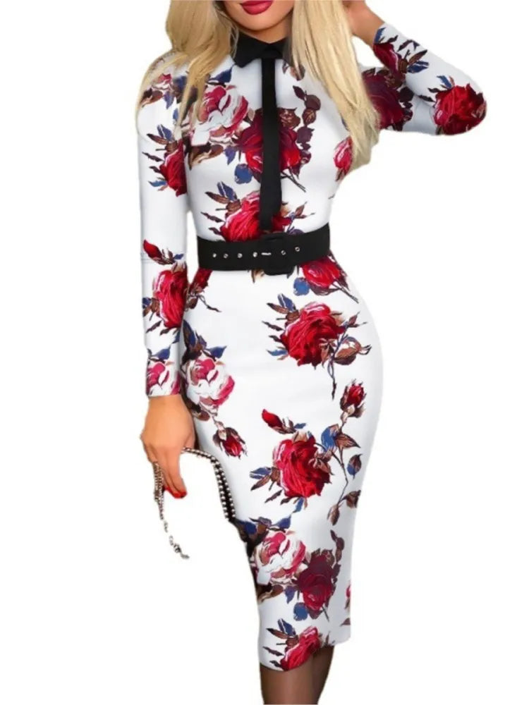 Fashionable Women's Printed Tight A-line Skirt Sexy Suit Collar Dress Wrapped Buttocks For Women With Belt